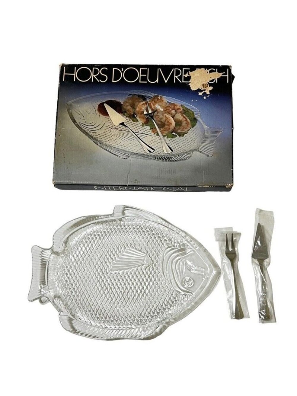 Hors D'oeuvre Dish 2 Stainless Servers International Silver Co Fish Shape Glass